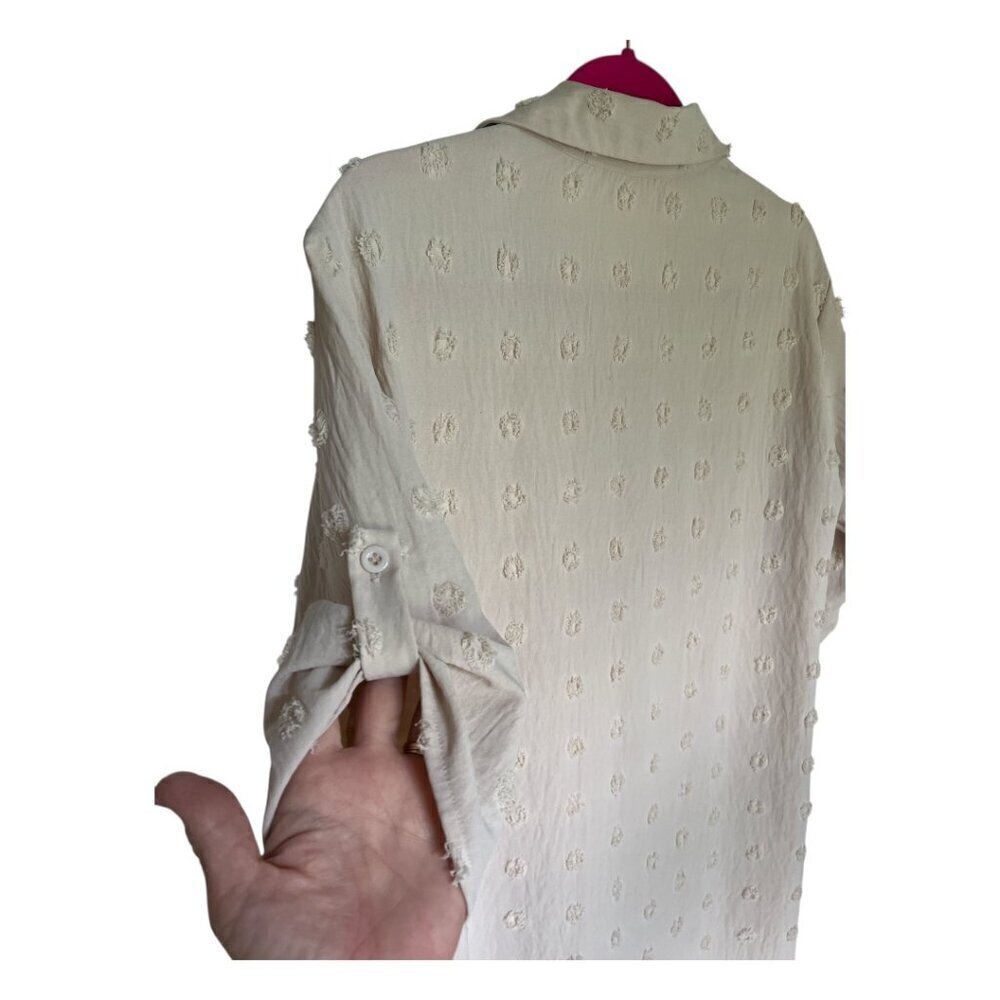 Women's Trendy Boho Beige Pom Pom Dress Lightweight Tunic Shirt Vacation Sz Med - Picture 5 of 6
